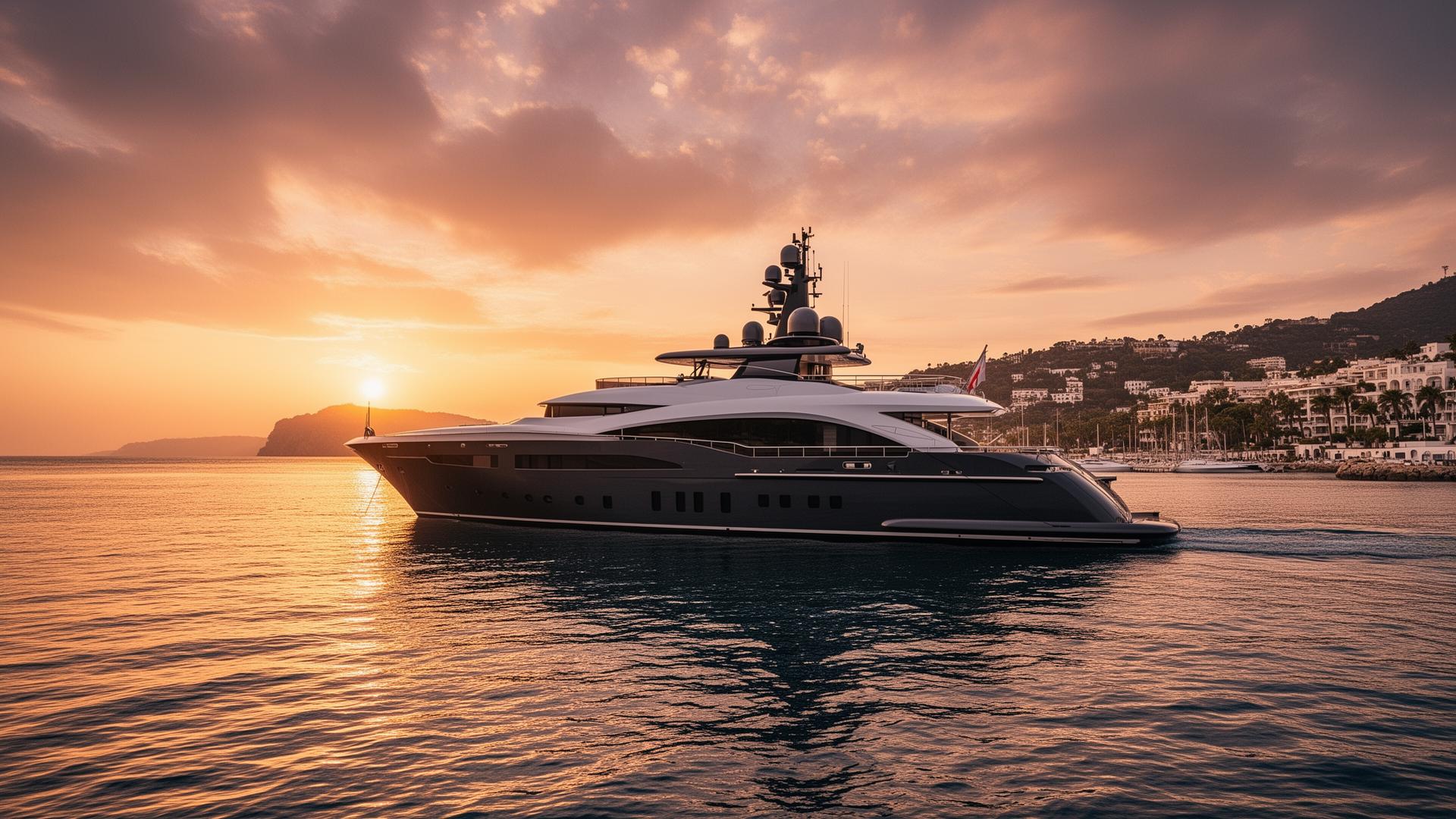 Luxury yacht in Marbella at sunset